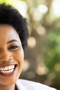 Celebrating thanksgiving outdoors, african american woman smiling, copy space, at home