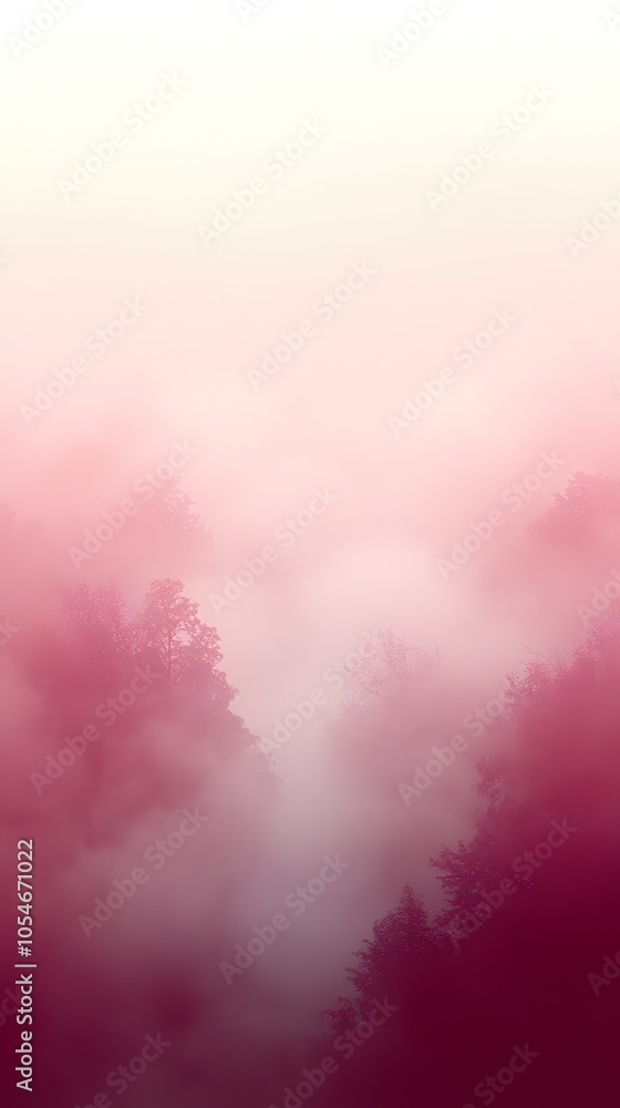 Poster A tranquil landscape featuring a gradient of soft pink and white hues enveloping a dense forest in morning mist, creating an ethereal and serene atmosphere.