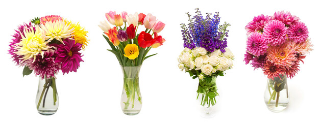 Set flower tulip, dahlia, rose, delphinium bouquet in a vase isolated on white background. Beautiful still life. Spring time. Flat lay, top view