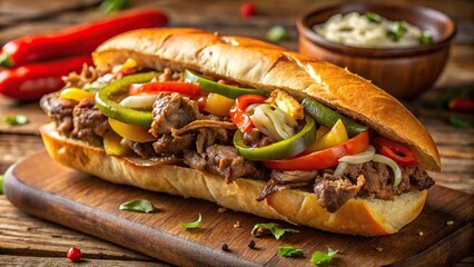 Savory sandwich with grilled onions and peppers in hoagie roll, macro close-up