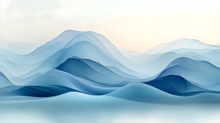 A serene landscape featuring soft, undulating blue mountains, creating a tranquil and ethereal atmosphere, ideal for backgrounds or calming decor.