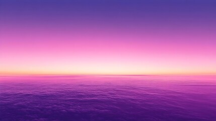 A stunning horizon over the ocean at sunset, showcasing vibrant shades of purple and orange blending into a calm, reflective water surface, creating a serene atmosphere.