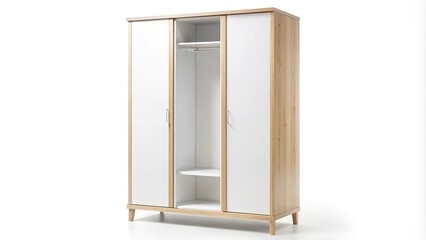 Obraz premium Scandinavian inspired IKEA wardrobe with white shelves and natural wood frame, isolated on white background