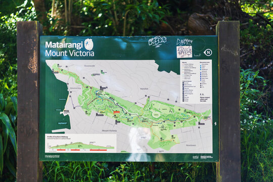 The Matairangi Mount Victoria information sign, providing trail guidance for visitors exploring the scenic pathways of Wellington, New Zealand