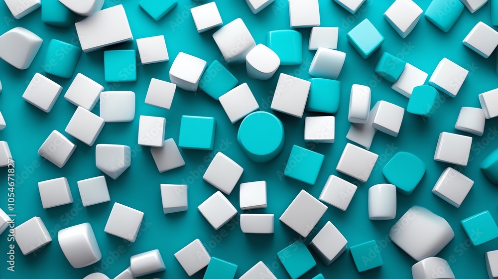 Aufkleber abstract background with scattered white and turquoise geometric shapes on a turquoise background.