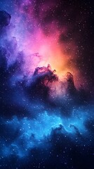 Naklejka premium A stunning cosmic scene featuring vibrant hues of purple, pink, and blue swirling amidst a backdrop of sparkling stars, evoking a sense of wonder and tranquility.