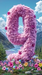 Fototapeta premium Pink furry number 9 in a colorful flower field by a river and mountains