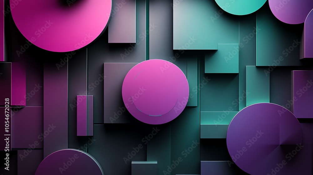 Poster abstract geometric background with overlapping circles and rectangles in vibrant pink, purple, and t