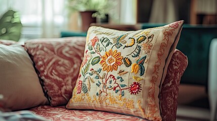 Close-up of a Floral Embroidered Pillow on a Couch