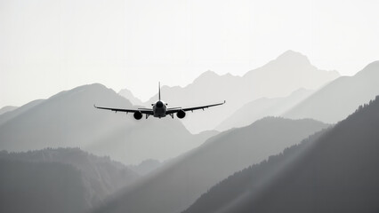 Fototapeta na wymiar Captivating Black and White Photograph of an Airplane in Motion Amidst Stunning Mountain Ranges