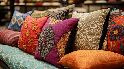 A Row of Colorful Decorative Pillows with Embroidered Floral Patterns