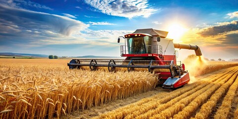Obraz premium Combine harvester harvesting ripe golden wheat field, agriculture, machine, equipment, farm, crop, wheat, field, golden, ripe