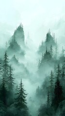 A serene landscape depicting misty mountains enveloped in fog, showcasing tall evergreen trees in various shades of green, creating a tranquil and mysterious atmosphere.