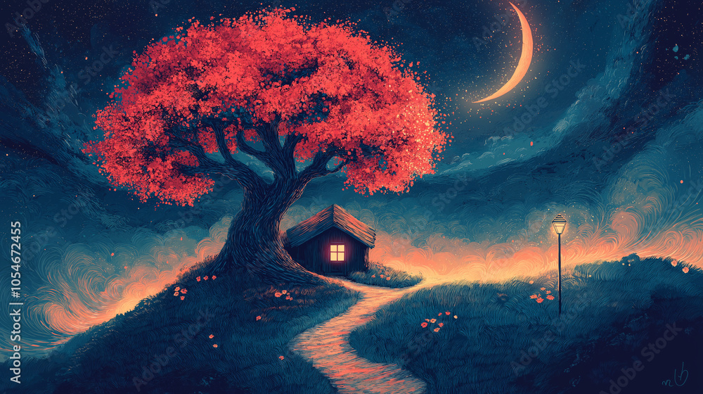 Aufkleber digital illustration featuring a small, rustic house with a single window illuminated from within, s