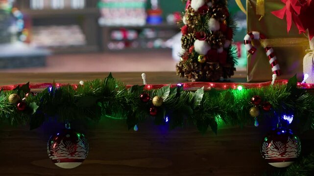 Festive North Pole log cabin where Santa and his helpers are making toys, empty colorful workshop with x mas decorations and garlands spreading the warmth of the holiday season.