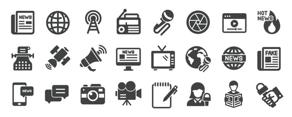 Mass media glyph solid icons collection. Containing press, journalist, news, live, interview. Minimal icon and symbol series vector illustration