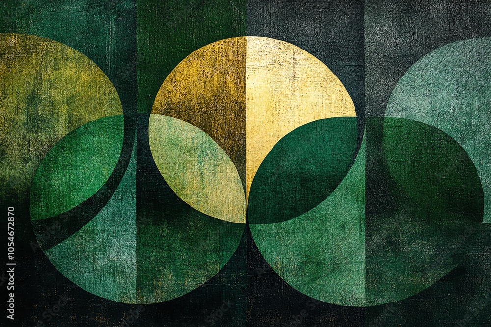 Aufkleber abstract geometric pattern with circles in shades of green and gold on a dark background.