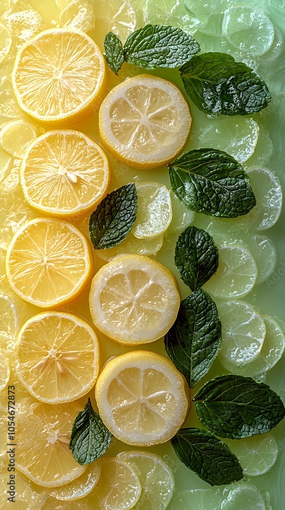 Poster a vibrant display of fresh lemon slices arranged in a gradient pattern with mint leaves, showcasing 