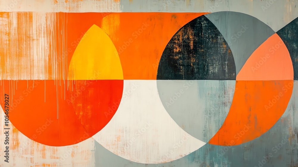 Poster a vibrant abstract geometric mural with various shapes and colors painted on a textured wall.