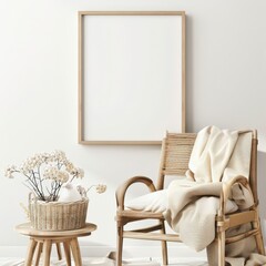 A cozy living room corner with a wooden chair. a woven basket with dried flowers. and a blank frame on a white wall