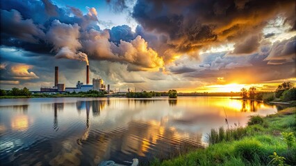 Industrial landscape with lake, stormy sky
