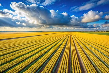 Scenic aerial view of yellow tulip fields and blue sky with clouds