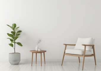 A white armchair with a white cushion sits next to a wooden side table with a vase and a plant in a white pot in a minimal interior with a white wall