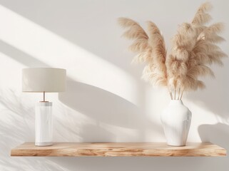 A white lamp and a vase with pampas grass on a wooden shelf against a white wall with sunlight shining in