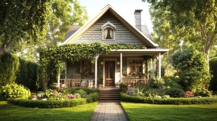 A charming cottage-style house with a cozy front porch, lush greenery