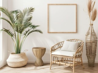 A cozy living room corner with a rattan armchair. a wicker side table. and a large potted palm plant. featuring a blank square frame for your design