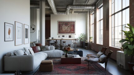 A chic urban loft living room with high ceilings, exposed ducts, and a mix of modern
