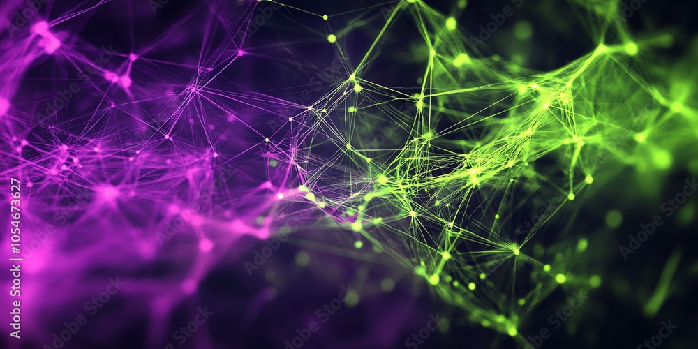 Aufkleber Abstract background with glowing lines and dots in pink and green on a dark background.