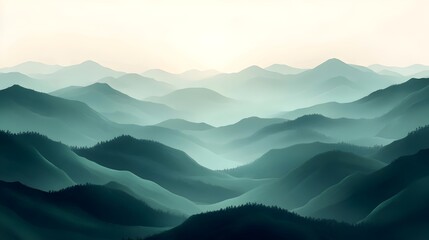 Fototapeta premium A serene landscape featuring rolling green hills with a misty atmosphere, creating a tranquil and peaceful mood in shades of teal and soft pastel.