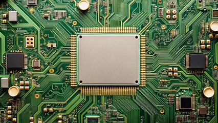 Top view of electronic circuit board , technology, hardware, microchip, motherboard, computer, components, green
