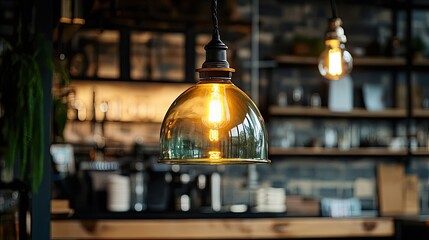Obraz premium A Hanging Lightbulb with a Glass Shade in a Cafe