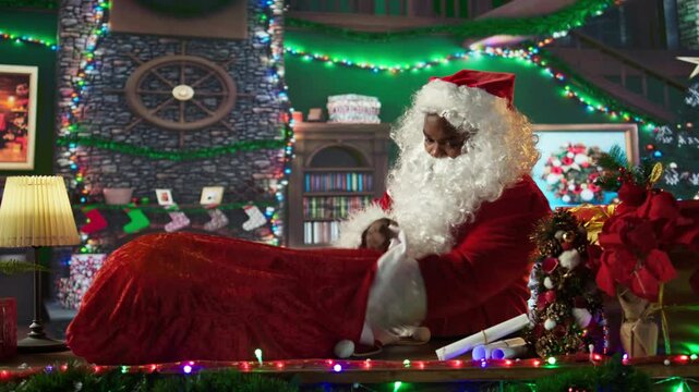 Black Santa filling his red sack with all the festive gifts and presents, getting ready for his journey around the world. Saint Nicholas spreading the winter holiday cheer, x mas bag. Camera B.