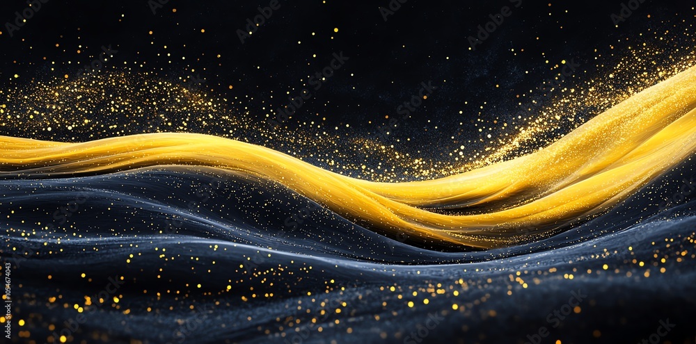Poster abstract black and gold background with flowing lines and glitter.