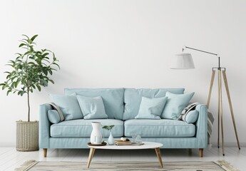 A minimalist living room with a light blue sofa. a coffee table with books and a vase. and a plant in a basket