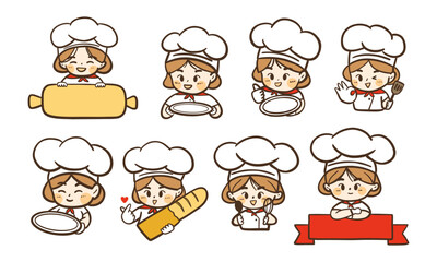 Hand Drawn Chef Bakery Collection. Set of 8 hand-drawn chef illustrations with bakery items, ideal for culinary, food, and pastry-themed designs