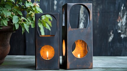 Two Metal Candle Lanterns with Flames Visible Through Circular Openings