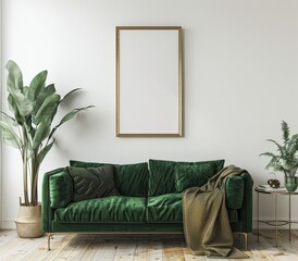 A minimalist living room interior with a green velvet sofa. a gold framed picture. a plant. and a side table with a throw blanket