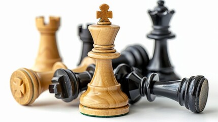 White king standing tall over fallen black pieces. AI generative. .