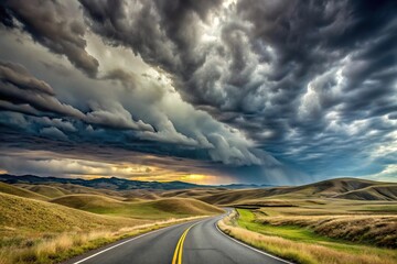 Scenic landscape with overcast sky and winding road