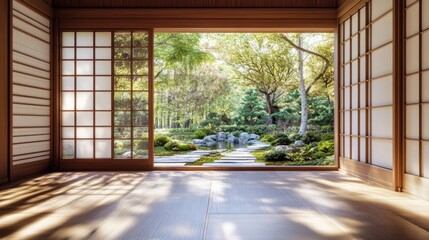 Fototapeta premium A Japanese-style house with sliding shoji doors, a zen garden, and a tranquil atmosphere.