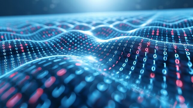 A digital illustration of binary code (ones and zeros) flowing through a network, AI Generative