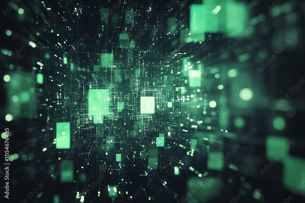 Aufkleber abstract digital background with green glowing squares and lines on black background.
