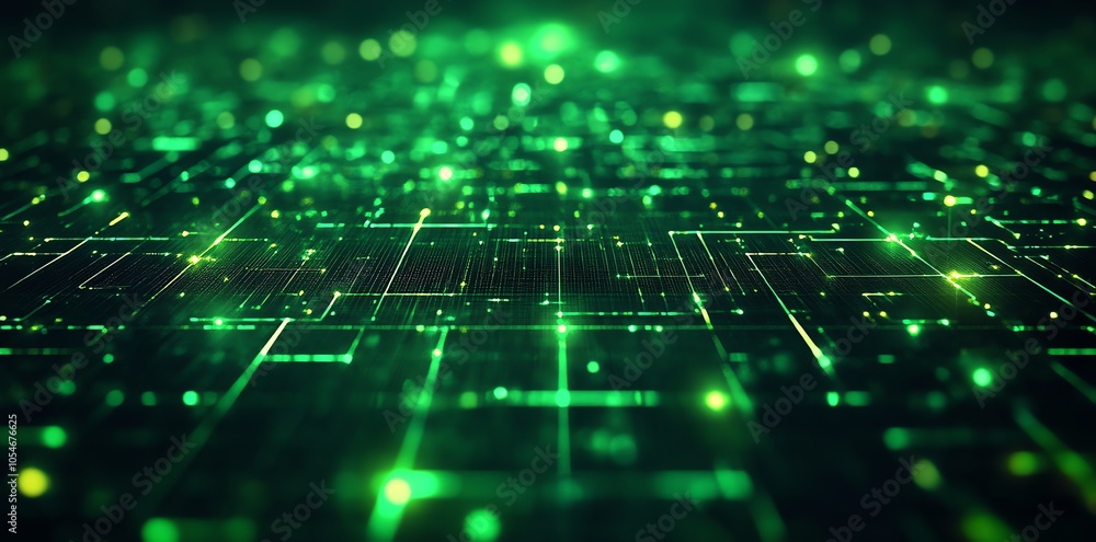 Poster Abstract green digital grid with glowing lines and bokeh lights.