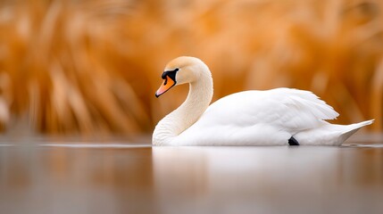 A graceful white swan glides through calm water with a blurred orange background.