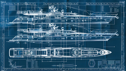 A technical blueprint of a luxury yacht with cross-sections showing the hull, interior cabins, and deck. 
