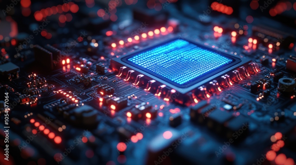 Poster close-up of a computer processor chip on a motherboard with red and blue lights